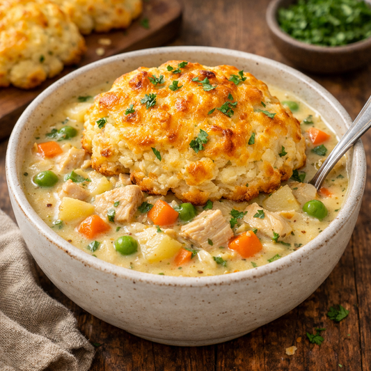 Chicken Pot Pie Soup with Biscuit Topping