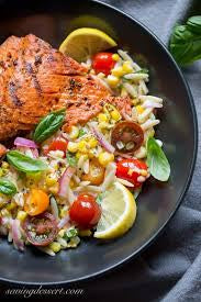 Grilled Salmon with Roasted Vegetable Orzo